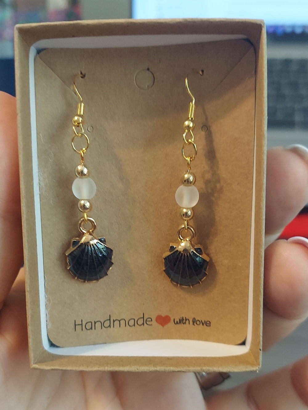 Handmade Gold and Black Shell Drop Earrings -